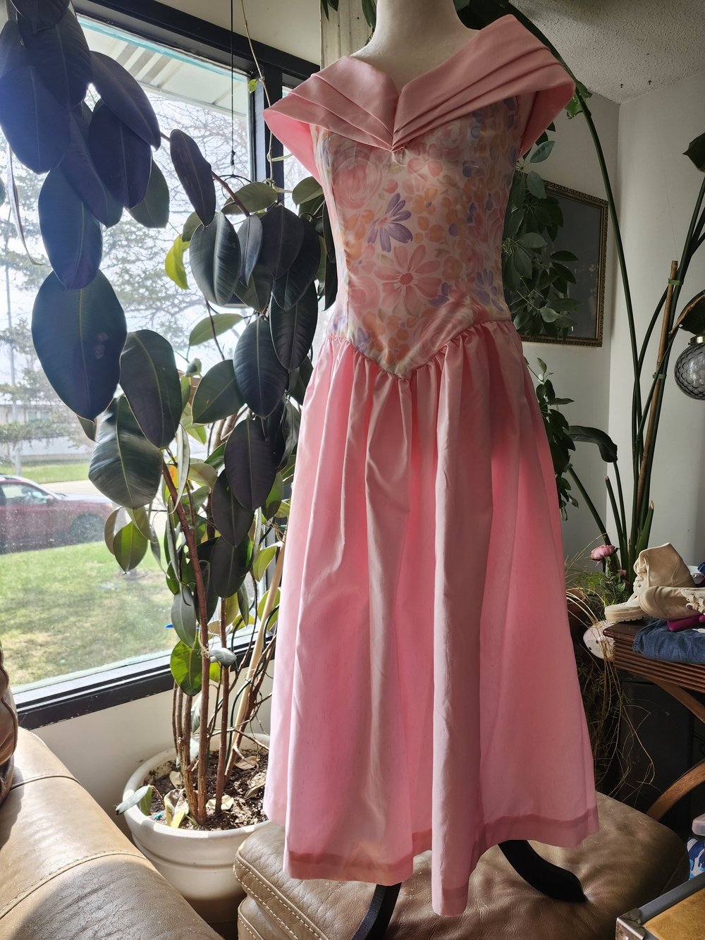 Vintage 90s Pink Floral Bodice Full Skirt Dress Prom Cottagecore
